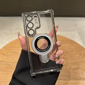 FLXLITE Protective Plated Clear Bracket Magnetic Phone for Samsung Galaxy S25,S24,S23,S22 Ultra Cover with Kickstand Four Corners Accessories Handheld Protector Screen Protector Shockproof for Samsung Galaxy S22 S23 S24 S25 Plus Protection Cases Cellphone