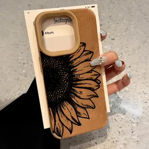Sketch Sunflower Pattern Luxury Matte Lambskin Faux Leather Phone Case Soft Case for iPhone 16 15 14 Pro Max 13 12 11 XR XS Plus Shockproof Drop Protection Rugged Durable Silicone Cover