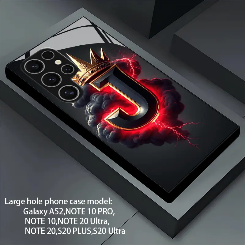 Red Golden J Crown Thunder Cloud Shatterproof Tempered Glass Back Smartphone Cover - Multi-Model Shockproof Protector, Phone Accessories for Samsung S26-S24, S23-S21, S22 Pro, S20 FE Plus Ultra Pro, A56-A51, A36-A32, A26-A23, A16-A14, A06-A03s (for Men),