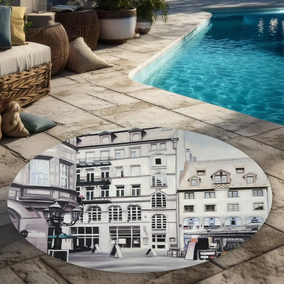 360 stand Round Indoor/Outdoor Rug - 5x5 ft Hyperreal Print German Street Scene, Artistic Look Living Room/Patio Decor, European Charm, Decorative Rug, Home Decor Rug