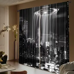 2 Piece Set, City Sci-Fi Ship Print Curtains, Home Textile Window Decor, Digital Print Drapes for Living Room Bedroom Kitchen