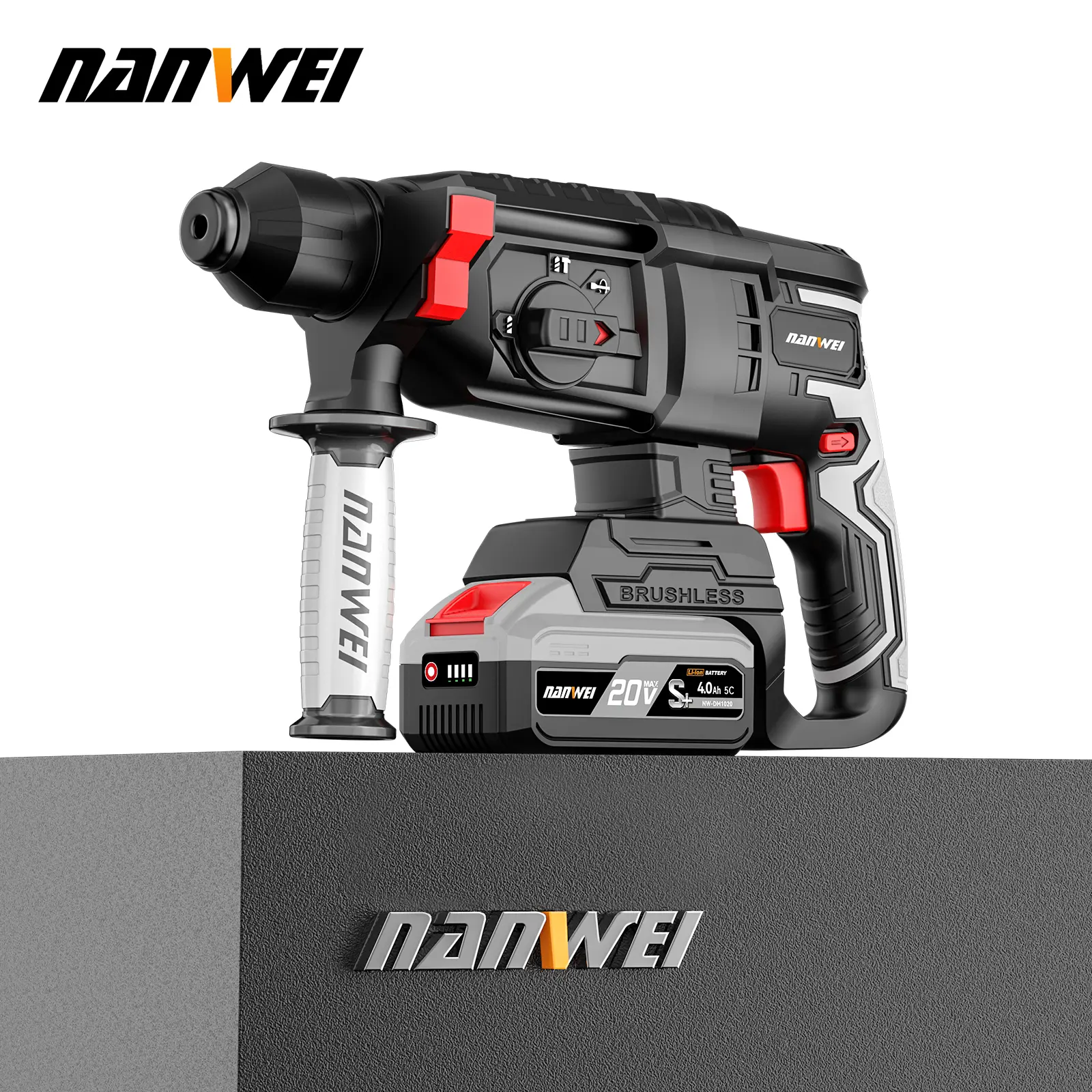 NANWEI Turning hole range H5261 4-14MM SDS-Plus Rotary HammerDrill, 4 Functions in One Knob, Safety Clutch, 6 Speeds, 5000BPM /950RPM, Fit for Concrete,Wood, Steel、drilling, hammer ,chiseling, adjustment Includes 2 batteries Heavy Duty drill