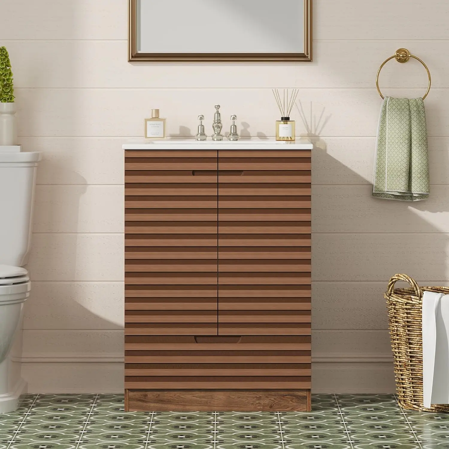 24" Modern Rustic Bathroom Vanity with Sink, Freestanding Vanity Cabinet with Ceramic Basin, 2 Doors & 1 Drawer, NO Mirror Faucet, Rustic