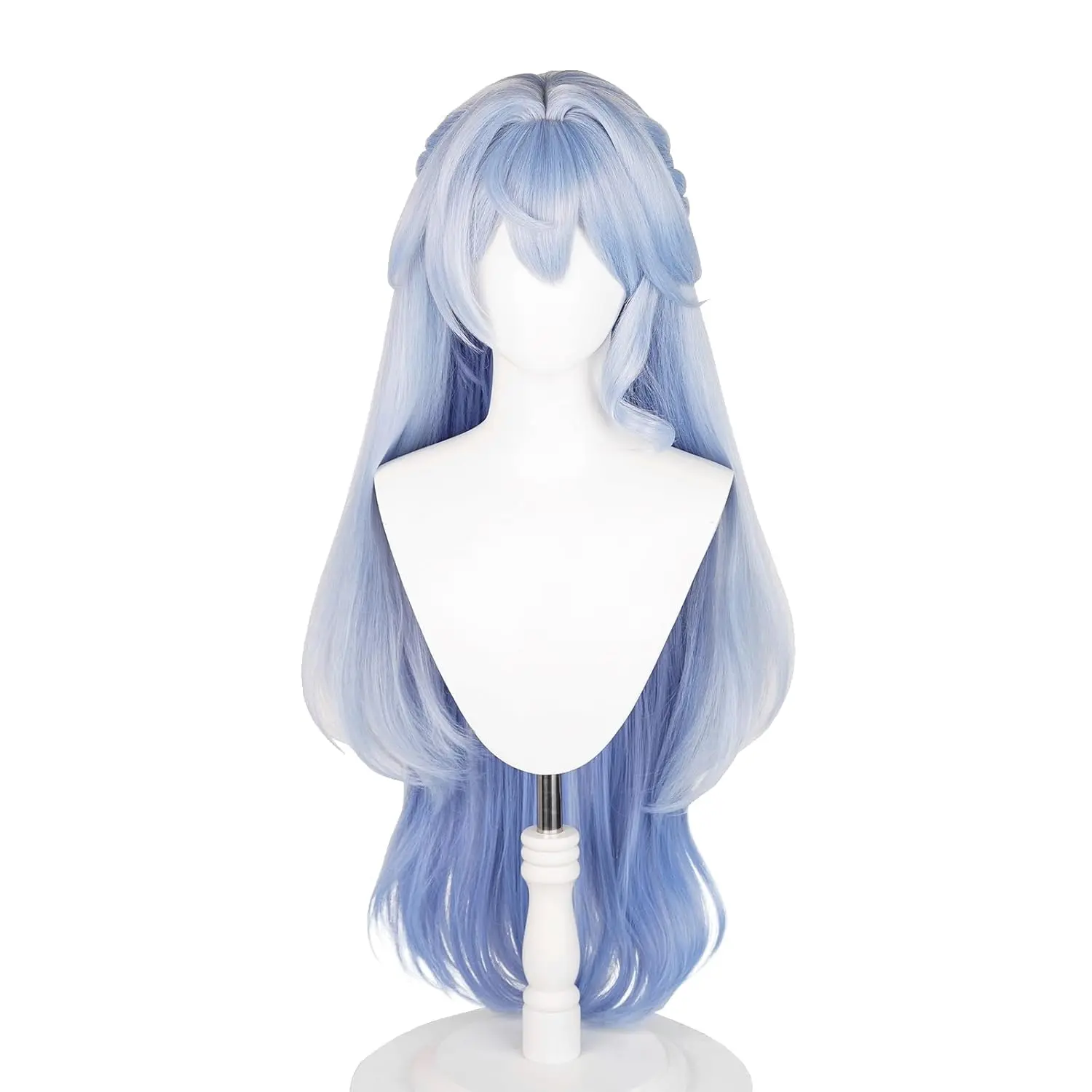Anime Blue Wigs with Bangs Women Long Wave Wig with Braid and Bun Robin-Bird Style Cosplay wig Halloween,Christmas,Comic con,Game Show,Carnival