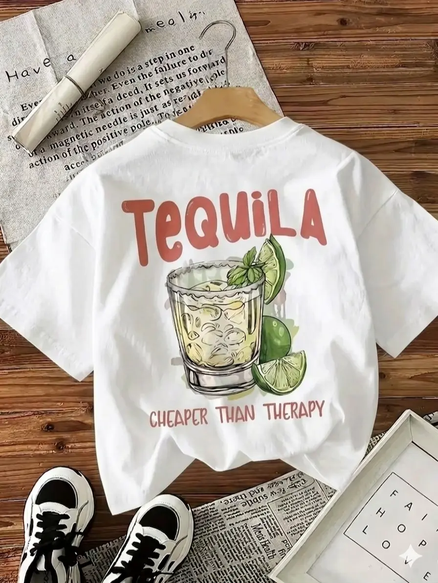 Women's Casual Cotton Short-Sleeve Crew Neck Tee, Cute "Tequila Cheaper Than Therapy" Sarcastic Graphic Piece, Beach Summer Cocktail Party Gift Top, Shortsleeve, Graphic Art, Pure Cotton, All Seasons, Cocktail Gift, Everyday Wear, Twist, Round Neck, T-Shi