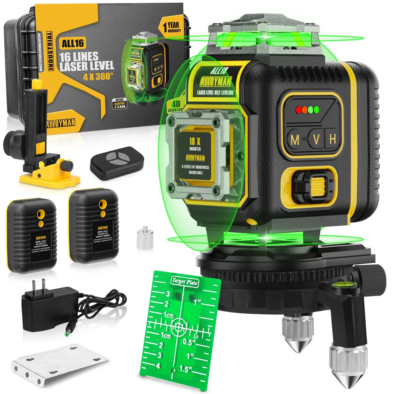 Alloyman 16 Lines Laser Level, 4x360° Cross Line, 2 Rechargeable Batteries, 150ft Self Leveling Laser Level Tool for Construction and Picture Hanging
