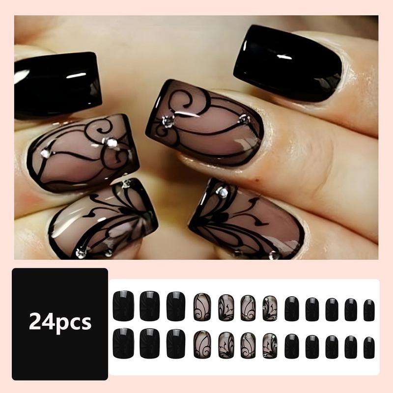 Black Press on Nails Short Square Fake Nails Black Vine Acrylic Glue on Nails Full Cover Glossy Nails Press ons Short Stick on Nails Summer Artificial Nails for Women Girls - 24Pcs
