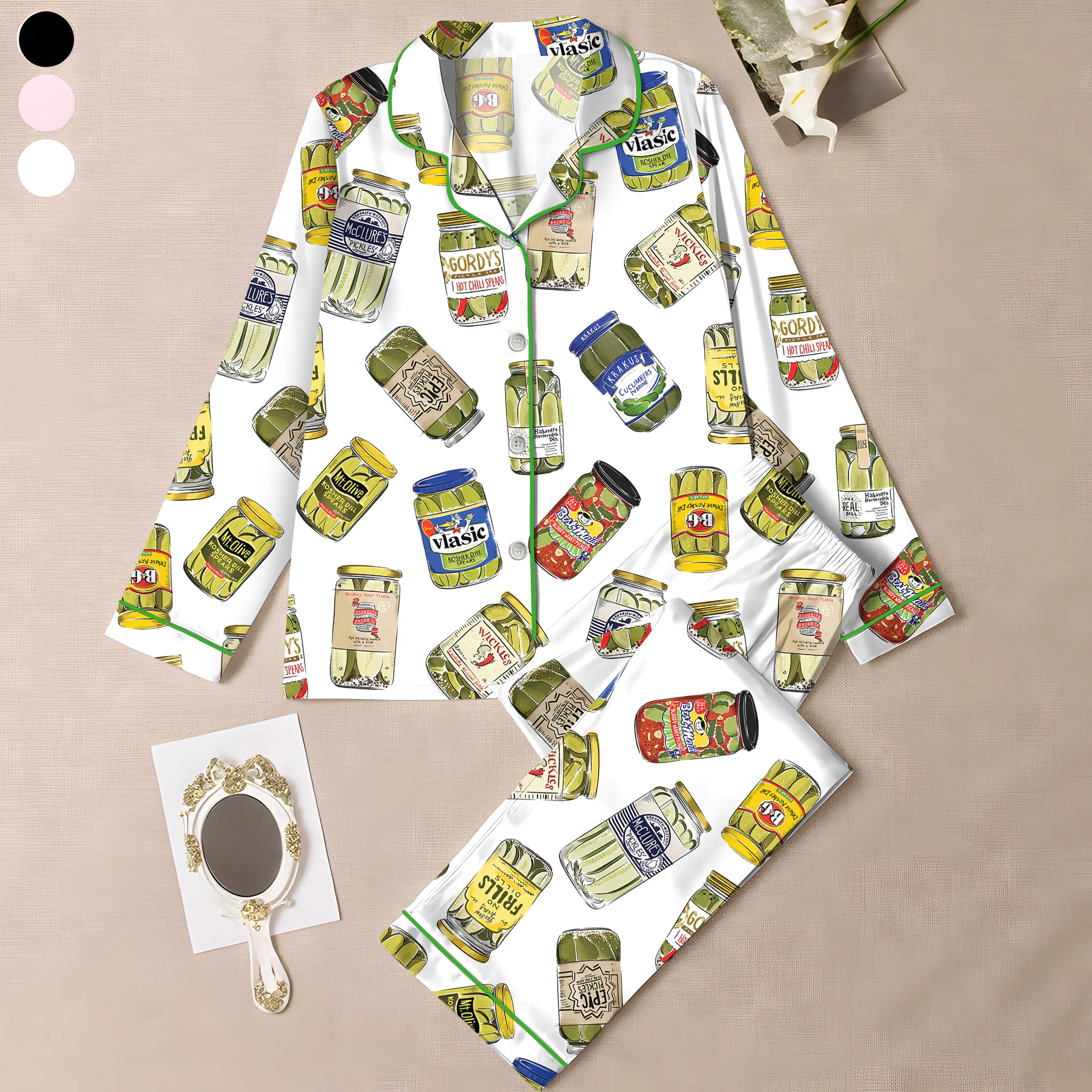 Pickle Pajama Set for Women – Funny Hot Girls Eat Pickles PJ Set – Cute Green Pickle Print Sleepwear – Short Sleeve Button Up Lounge Set