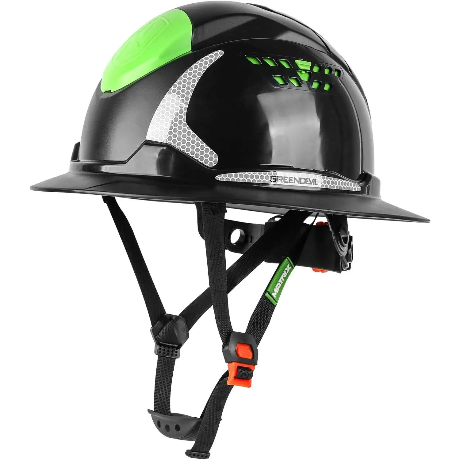 Vented Full-Brim Hard Hat for Adults, Black ABS Shell with Integrated Headlight, 6-Point Dial-Fit Suspension & Reflective Accents