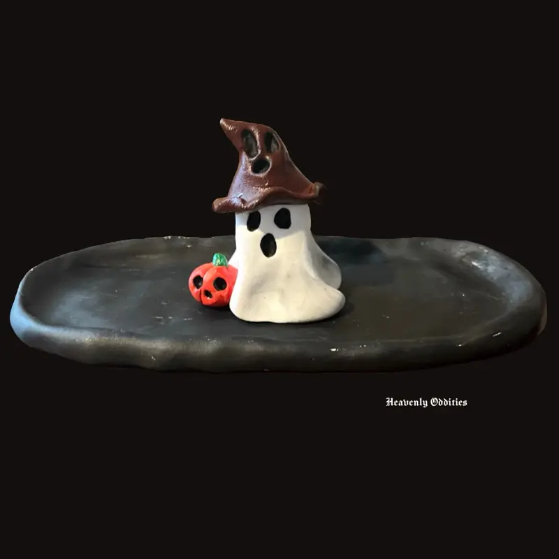Polymer Clay Ghost With Hat And Pumpkin On Black Trinket Dish