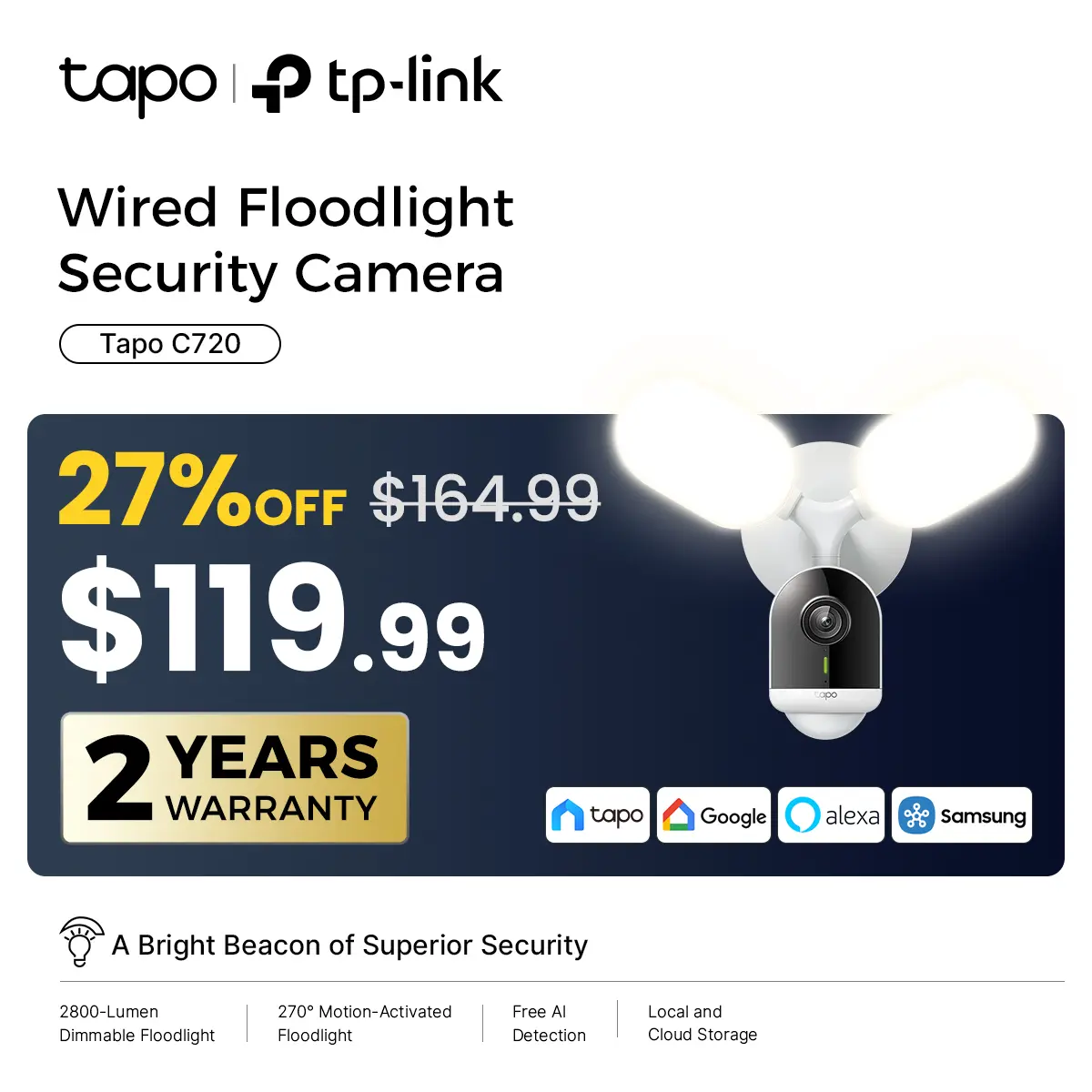 TP-Link & Tapo C720 | 2K QHD Floodlight Security Camera | 2800 Lumen 270° Motion-Activated Light | Free AI Person/Vehicle Detection | No Monthly Fees | Works with Alexa & Google Home