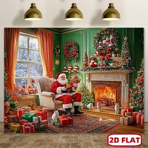 1pc 2D Flat Christmas Backdrop Banner, Santa Claus and Festive Fireplace Scene, 100% Polyester, Multipurpose Party, Photo Booth, with for Indoor Holiday Decor
