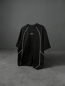 Trendy Men's Black Mesh Panel Line Stitching Tee, Oversized Short Sleeve Casual Top with Minimal Logo, Edgy Streetwear T-Shirt for Street Style & All-Day Daily Wear Menswear #MensStreetwearTee #MeshAestheticFashion #VersatileSummerTee