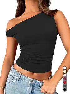 Women's One-Shoulder Plain Fitted Ruched Top, Contemporary Minimalist Style Without Button & Zipper, Ideal for Spring & Fall Loungewear