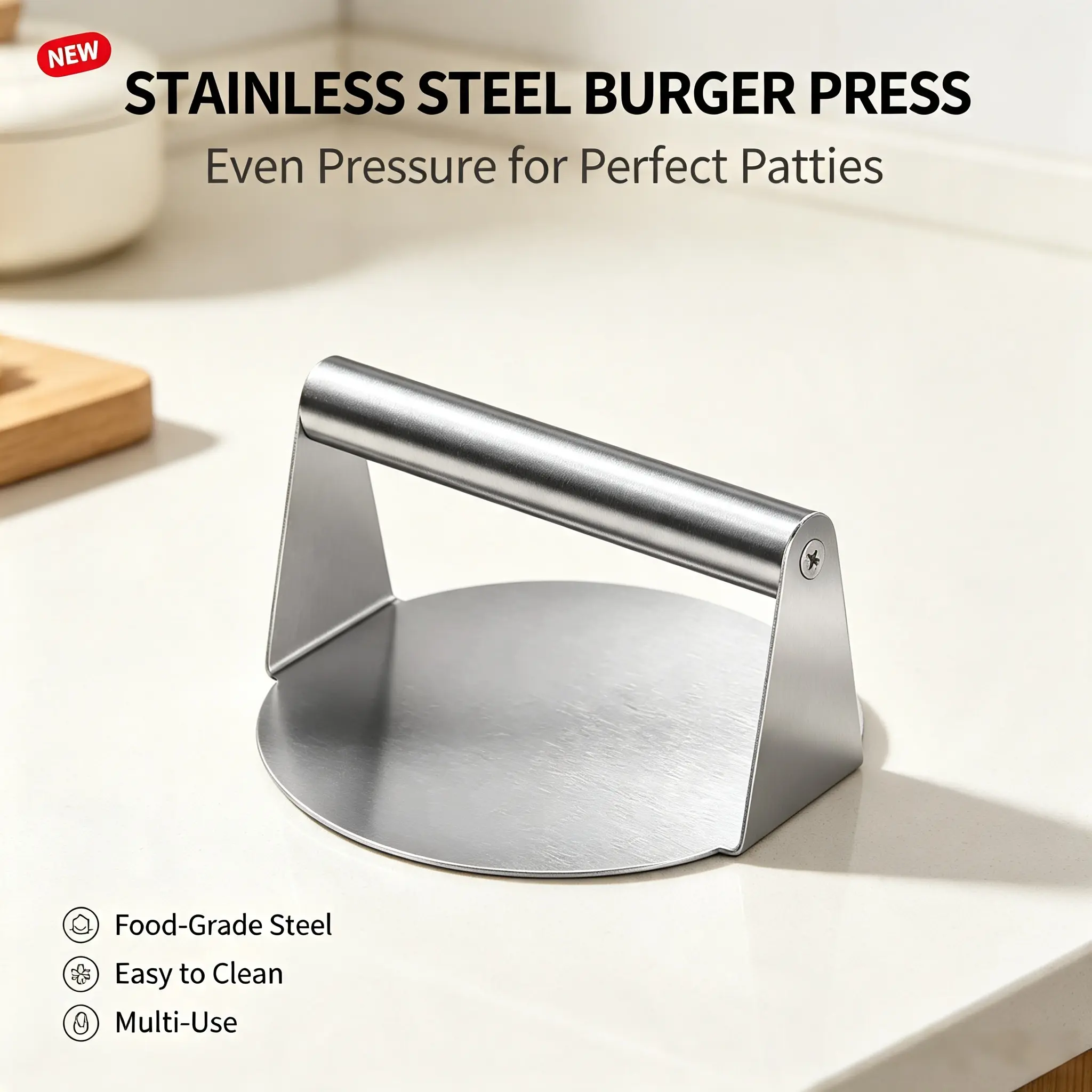 Stainless Steel Burger Press, Round Patty Maker, Manual Meat Press for Evenly Pressed Burgers, Steak, Rice Balls and Grilling