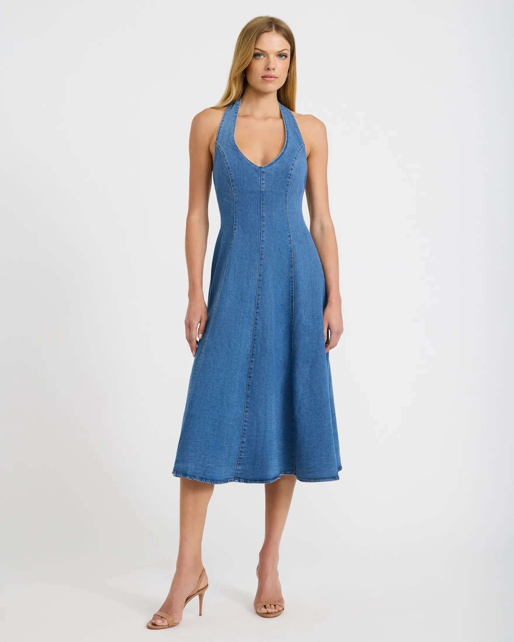 Express Stretch Denim Halter V-Neck Midi Fit and Flare Dress, Spandex, Sleeveless