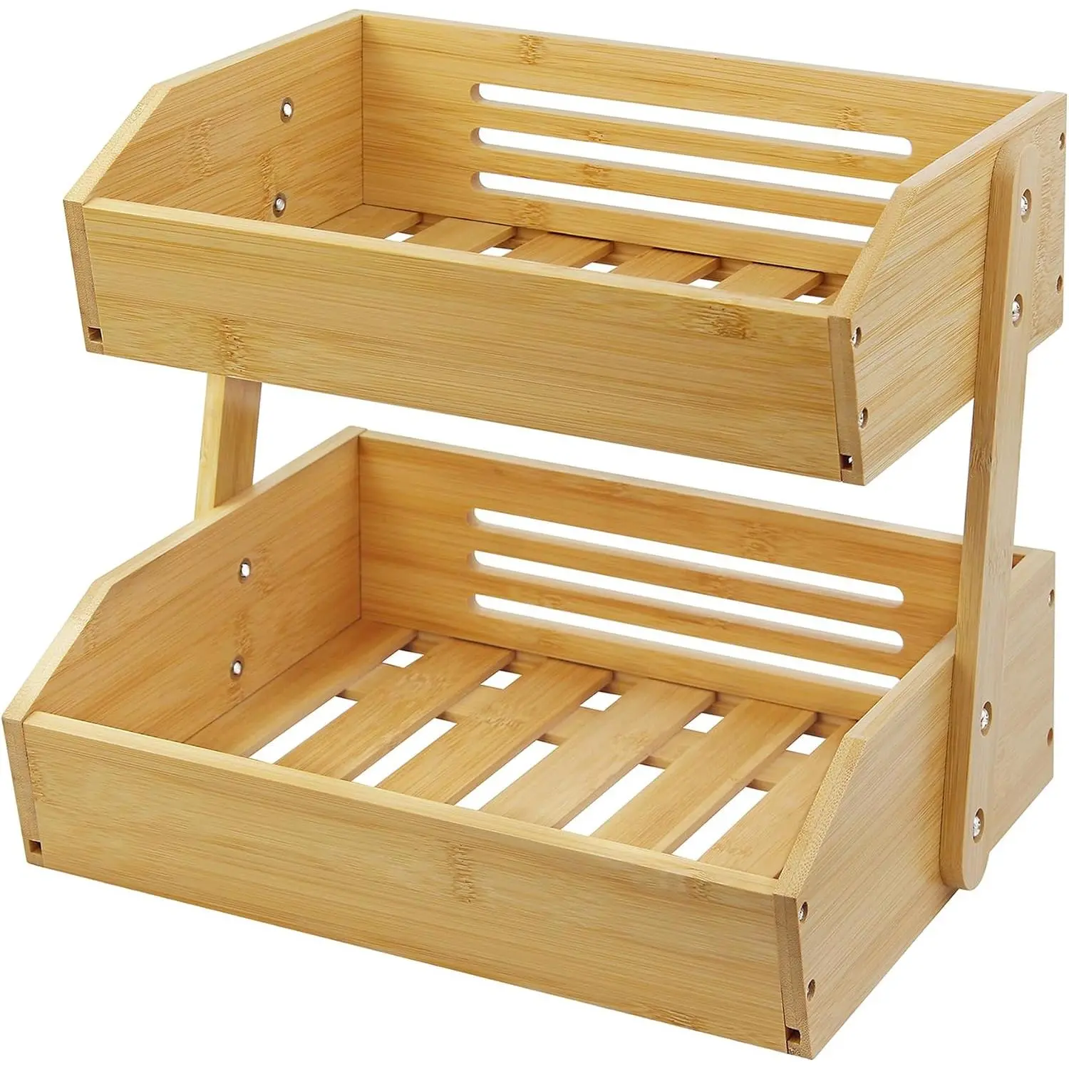 Fruit Basket Stand, 2 Tier Fruit Basket for Kitchen Counter, Produce Basket for Fruit and Vegetable Storage, Bamboo Basket Fruit Bowl Display Rack, Fruit Holder Snack Organizer