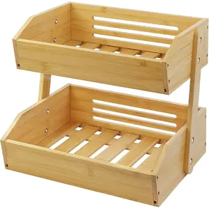 Fruit Basket Stand, 2 Tier Fruit Basket for Kitchen Counter, Produce Basket for Fruit and Vegetable Storage, Bamboo Basket Fruit Bowl Display Rack, Fruit Holder Snack Organizer