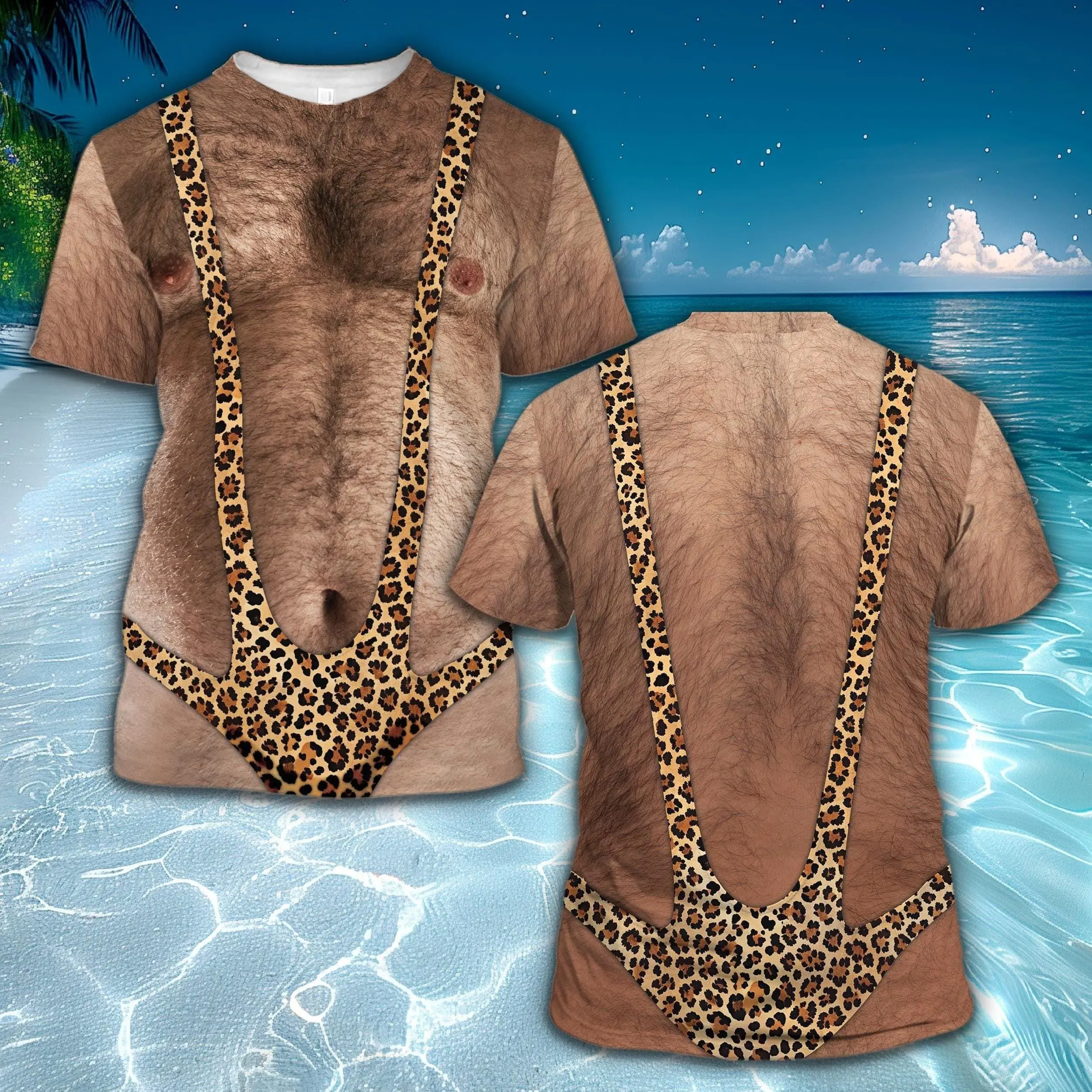 {Deal Today} 3D Hairy Muscle Body Swimsuit T-Shirt for Men, Funny Mankini Shirt, Leopard Print Muscle Body Tee, Novelty Beach Party Costume Top, Bachelor Party Gift