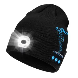 JUSIEX Bluetooth Beanie with Light, Outdoor Winter Warm Hat, Unisex USB Rechargeable LED Fashlight Hat with Cordless Headphones, Unique Christmas Birthday Gifts for Men Women, Black