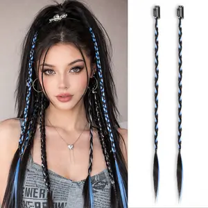 WIGQUEEN 2PCS Handmade Synthetic Braided Hairpieces Clip in Braid Hair Extensions for Women, 20" Boho Dreadlock Clip in Braids with Beads & Charms for Cosplay Daily Styling