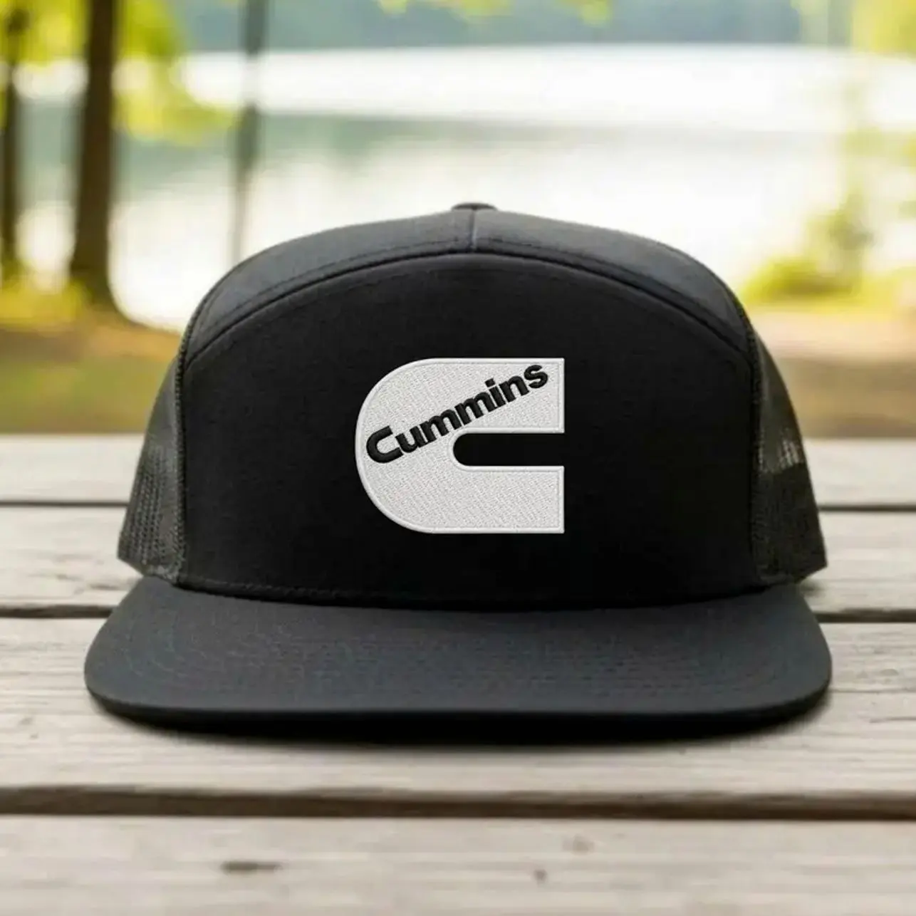 Cummins Flat Bill Vintage Trucker Mesh Yupong Snapback Black Baseball Cap Hat, Diesel Truck Embroidered Trucker Hat