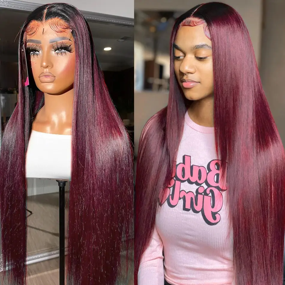 Ombre T1b-99j Burgundy Glueless Wig 5x5 Hd Lace Closure Wigs Human Hair With Baby Hair Wear And Go Straight Wigs For Women Pre Plucked Glueless Wig