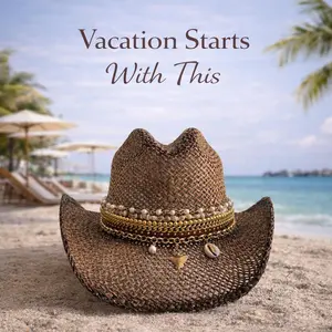 Brown Premium Straw Cowboy Hat Beaded Coastal Cowgirl Seashell Charm Western Hat Boho Summer Festival Hat Handmade Beach Resort Vacation Hat
