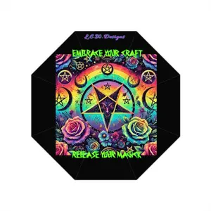 Trippy Rainbow Gothic Occult Satanic inverted Pentagram Style Trendy Anti-UV Auto-Foldable Rain Umbrella fashion accessory