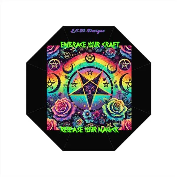 Trippy Rainbow Gothic Occult Satanic inverted Pentagram Style Trendy Anti-UV Auto-Foldable Rain Umbrella fashion accessory