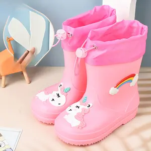 Children's Rain Boots Girls' Elastic Cuff Fleece-Lined Boys' Non-Slip Water Shoes Four Seasons Cartoon Cute Princess Rain Boots Kids' Rain Shoes