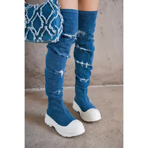 Looks Chunky Sole Thigh High Denim Sneakers - Denim Walking Shoes Casual