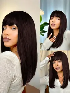 Long Straight Dark Wine Wig with Bangs, Heat Resistant Synthetic Wigs for Women, 24 Inches, Daily Party Use