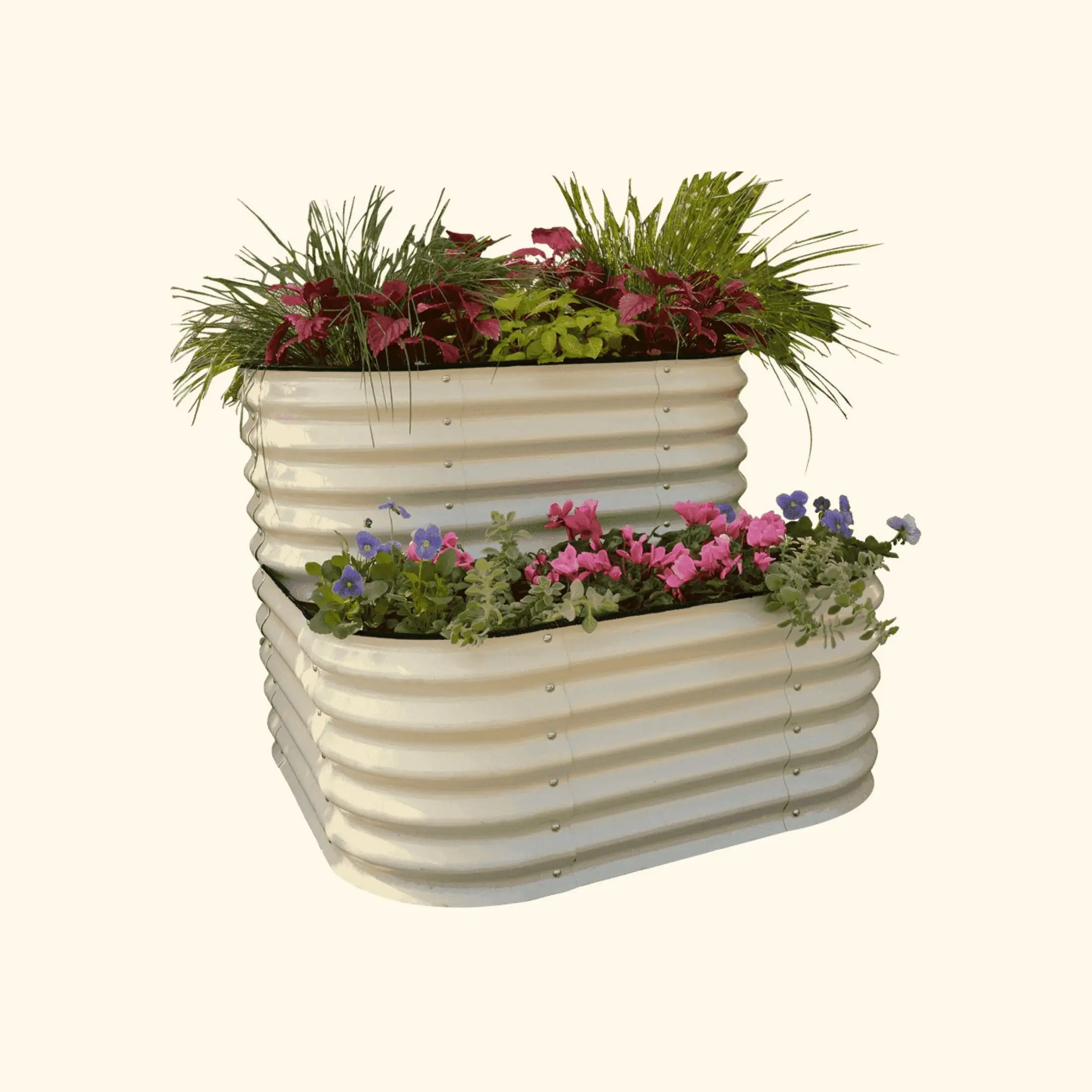 Cascading Metal Raised Garden Bed Kit - Standard Size, 3.5ft x 3.5ft, Tiered Design for Deep-Rooting & Trailing Plants, Modern Plant Pot, White Taper Planter