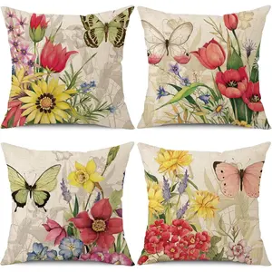 Throw Pillow Covers 16x16 Set of 4 Decorative Spring Pillow Covers Linen Flower Butterfly Farmhouse Pillowcases for Sofa Couch Living Room Outdoor