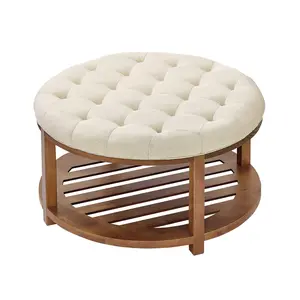 【DealsForYouDays】Father's Day Gift Linen-Upholstered 31.9-Inch Large Round Tufted Cushion Coffee Table Ottoman, Footrest with Solid Wood Shelf, 350-LBS Capacity for Living Room