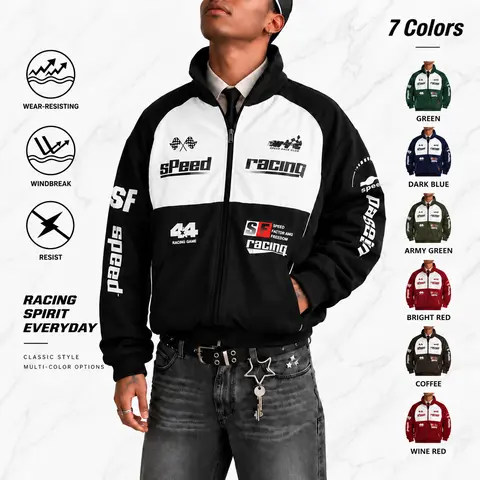 Men's Stylish Stand-Collar Lightweight Jacket - Motorcycle Racing Print, Windproof, Wear-Resistant, Protective Long Sleeve Tops for Cycling, Commuting, Menswear Coats