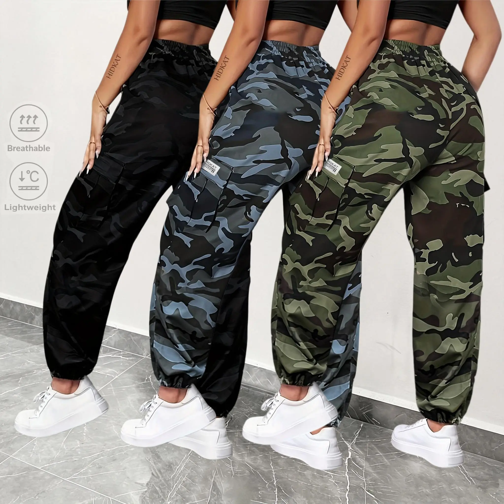 Lightweight Women Camo Multi Pocket Work Pants, Drawstring Elastic High Waist Loose Breathable Ankle Tie Casual Bottoms, Soft Thin Outdoor Sports Camouflage Trousers, Versatile Daily Commute Womens Wear