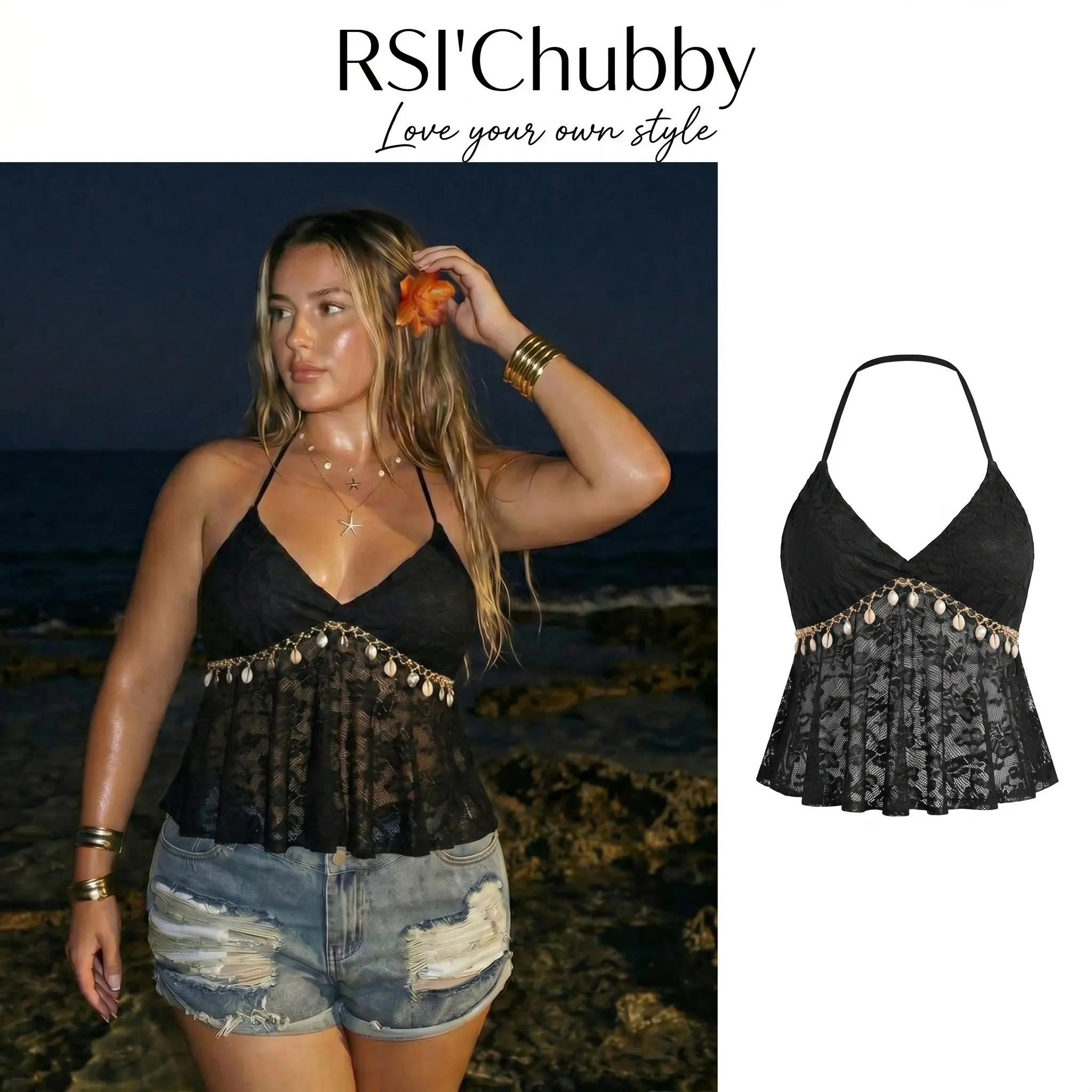 Women's Plus Size Halter Neck Camisole Blouse Lace Backless Babydoll Tank Top Seashell Tassel Decor Summer Boho Beach Vacation Cruise Trendy Blouses