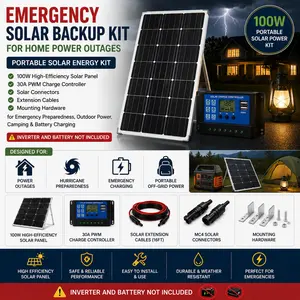 Emergency Solar Backup Kit 100W Portable Solar Panel System for Home Power Outages, Hurricane Preparedness, Camping & Off-Grid Battery Charging with 30A Controller, Cables & Mounting Hardware