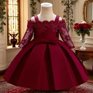 5083 Girls' lace satin A-line dress elegant party wear solid color with waist bow detail suitable for special occasions