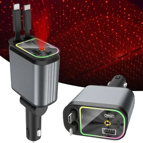 Super Fast Retractable 4 in 1 Car Charger with Anti-Tangle Retractable Cables, Dual Charge Port, Starlight Roof 66W Fast Charging Adapter Starry Sky Car Charger Roof Light Led Charger for iPhone & Android Devices