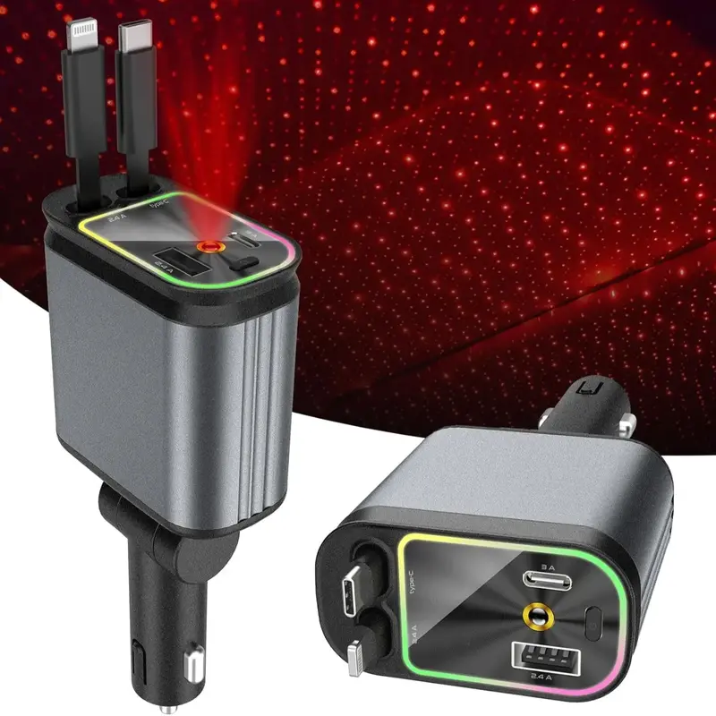 Starlight - Caricatore da auto 4 in 1, caricatore retrattile 4 in 1, con cavo USB C e 2 porte di ricarica, ricarica rapida (C+L