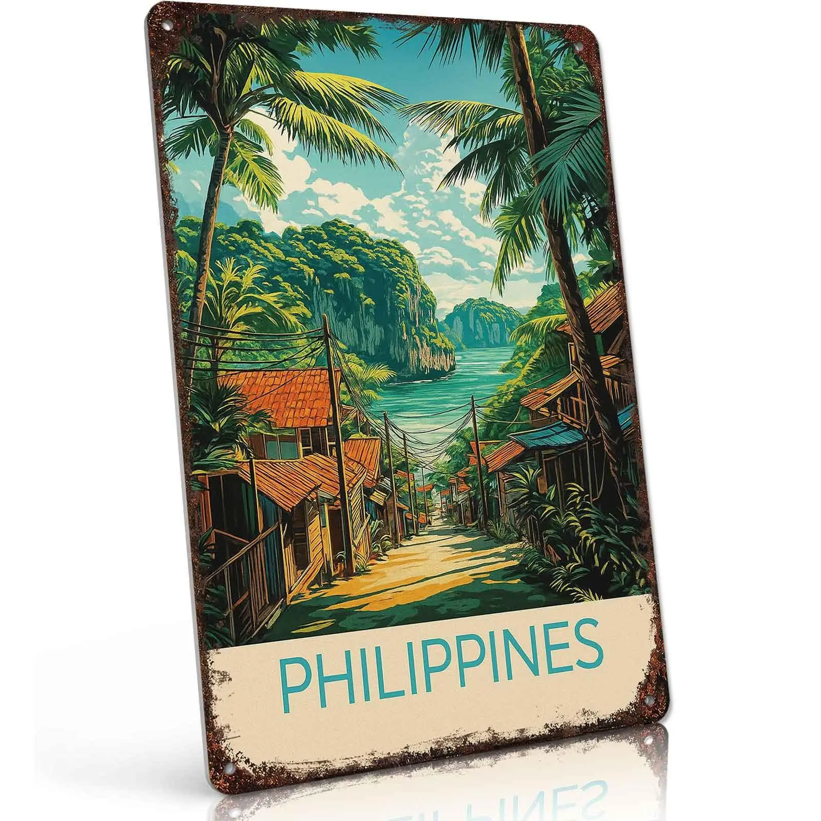 Philippines Tropical Village Print Metal Sign, 8x12 in Lightweight Decorative Aluminum Wall Decor for Home Room, Kitchen Bar