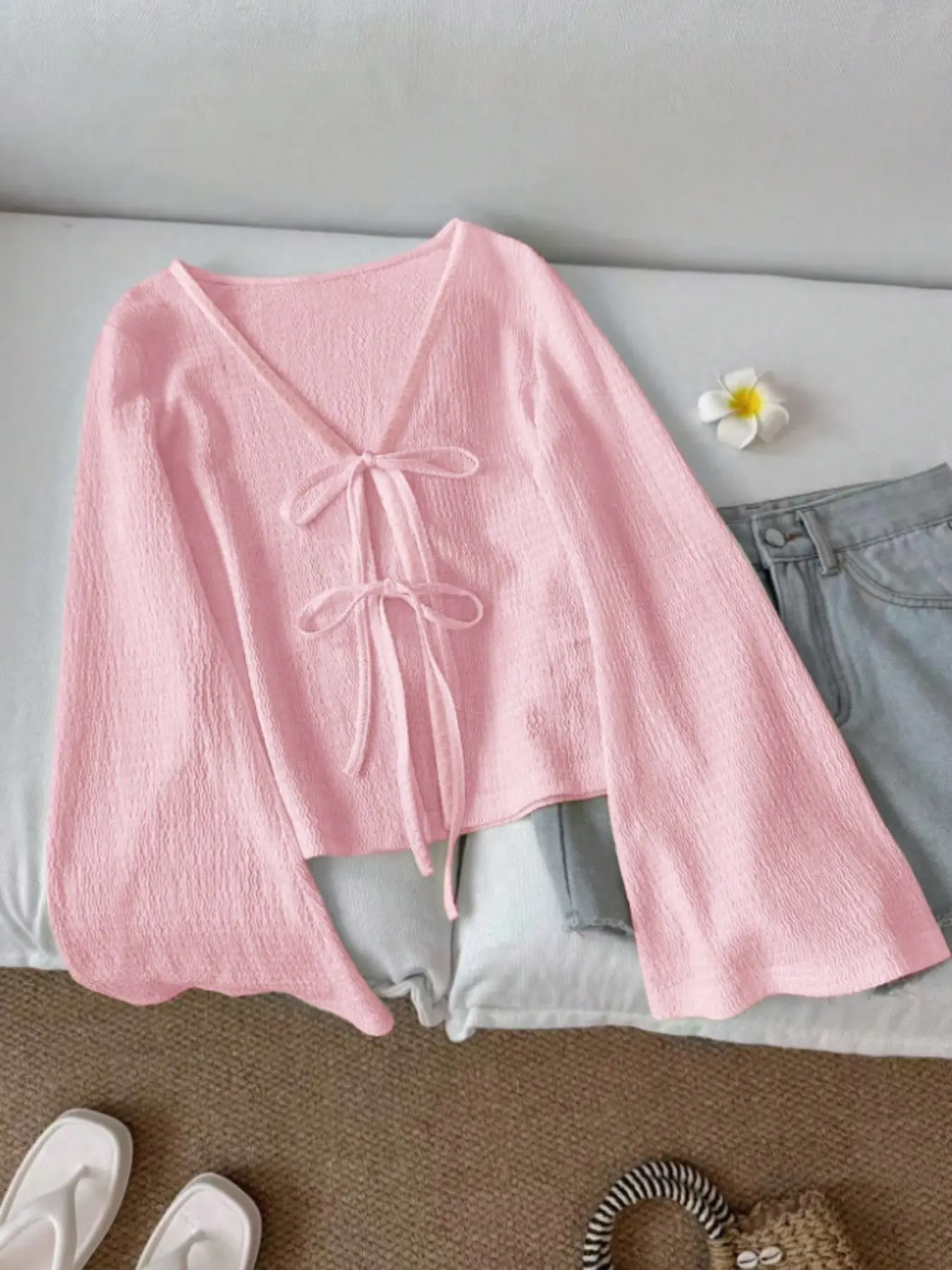 Women's Bell Sleeve Blouse Shirts, Solid Color Tie Short Top, Ladies' Casual Clothing Women's Bell Sleeve Blouse Shirts, Solid Color Tie Short Top, Ladies' Casual Clothing