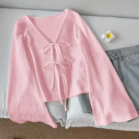 Women's Bell Sleeve Blouse Shirts, Solid Color Tie Short Top, Ladies' Casual Clothing, Knit Casual Top