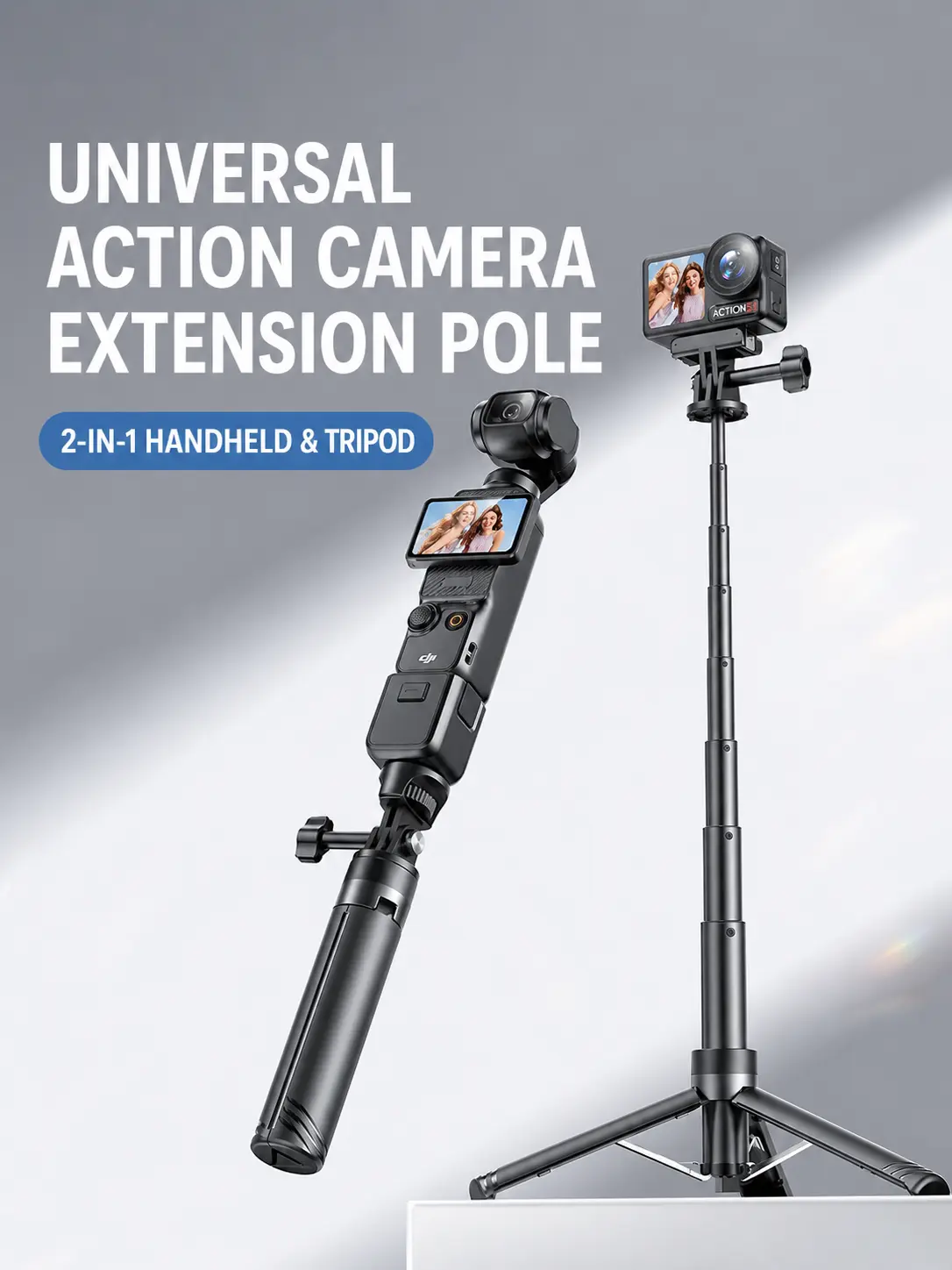 2-in-1 Action Camera Selfie Stick Tripod - Adjustable Extension Pole for Vlogging, Travel sohochic