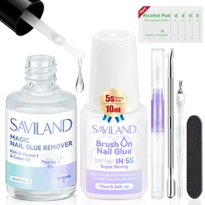 Saviland Nail Glue and Glue Remover Kit: Plant Based Quick Dry Nail Glue Strong Hold False Nails Glue for Press on Fake Nails Tips Castor Oil VE Nail Remover for Easy to Use Nail Art Essentials DIY