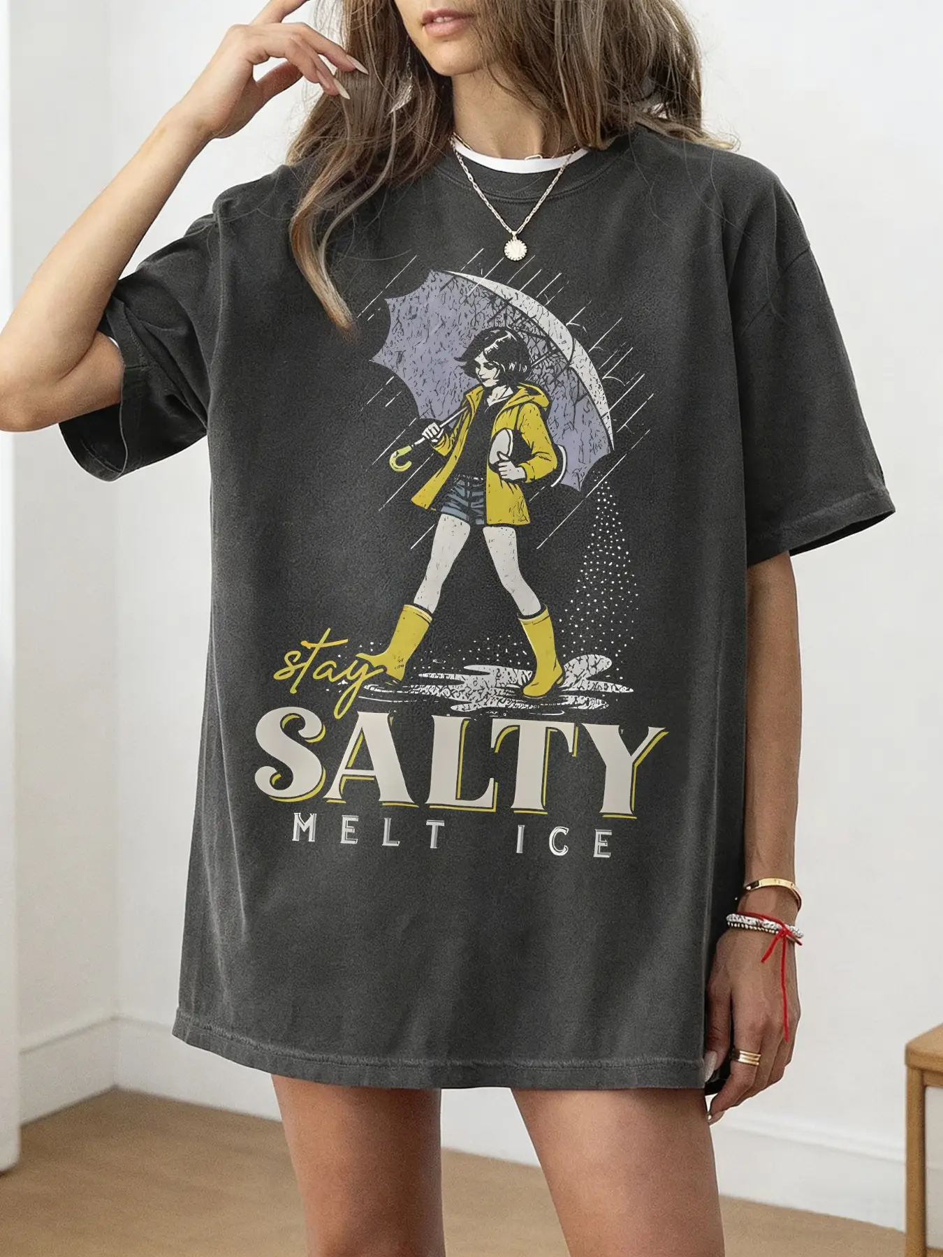 Charcoal Vintage Wash Oversized "Stay Salty" Retro Graphic Casual Women's Lady Tee - 2026 Trending Streetwear, Soft Lightweight Fabric Perfect for Daily Outings & Hangouts, Bold Fun Print That Stands Out, Versatile Relaxed Fit Summer