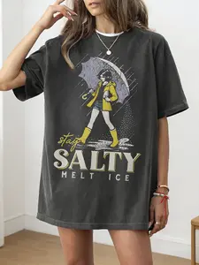 Charcoal Vintage Wash Oversized "Stay Salty" Retro Graphic Casual Women's Tee - 2026 Trending Streetwear, Soft Cotton Fabric Perfect for Daily Outings & Hangouts, Bold Fun Print That Stands Out, Versatile Relaxed Fit